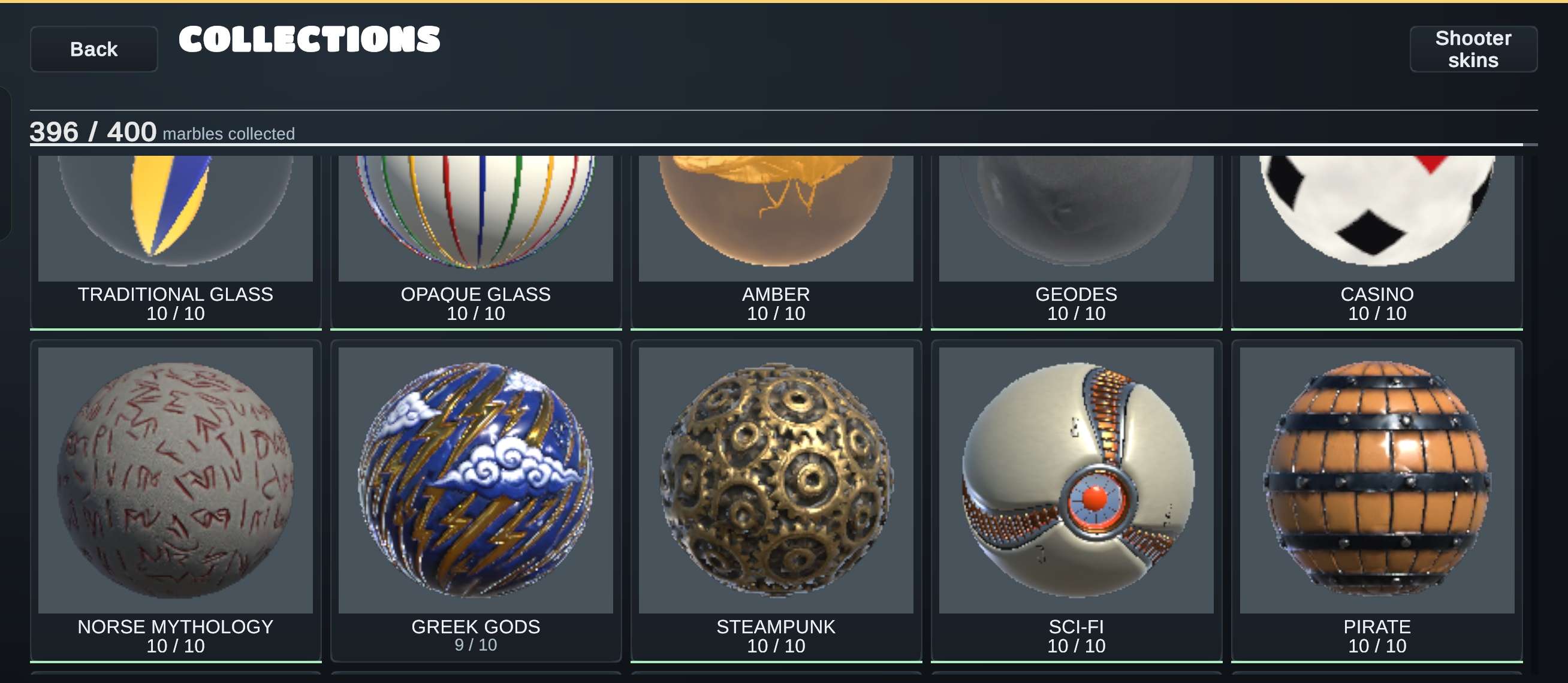 Outmarbled collection screen showing glass, amber, geode, Norse mythology, Greek gods, steampunk, sci-fi and pirate marble designs