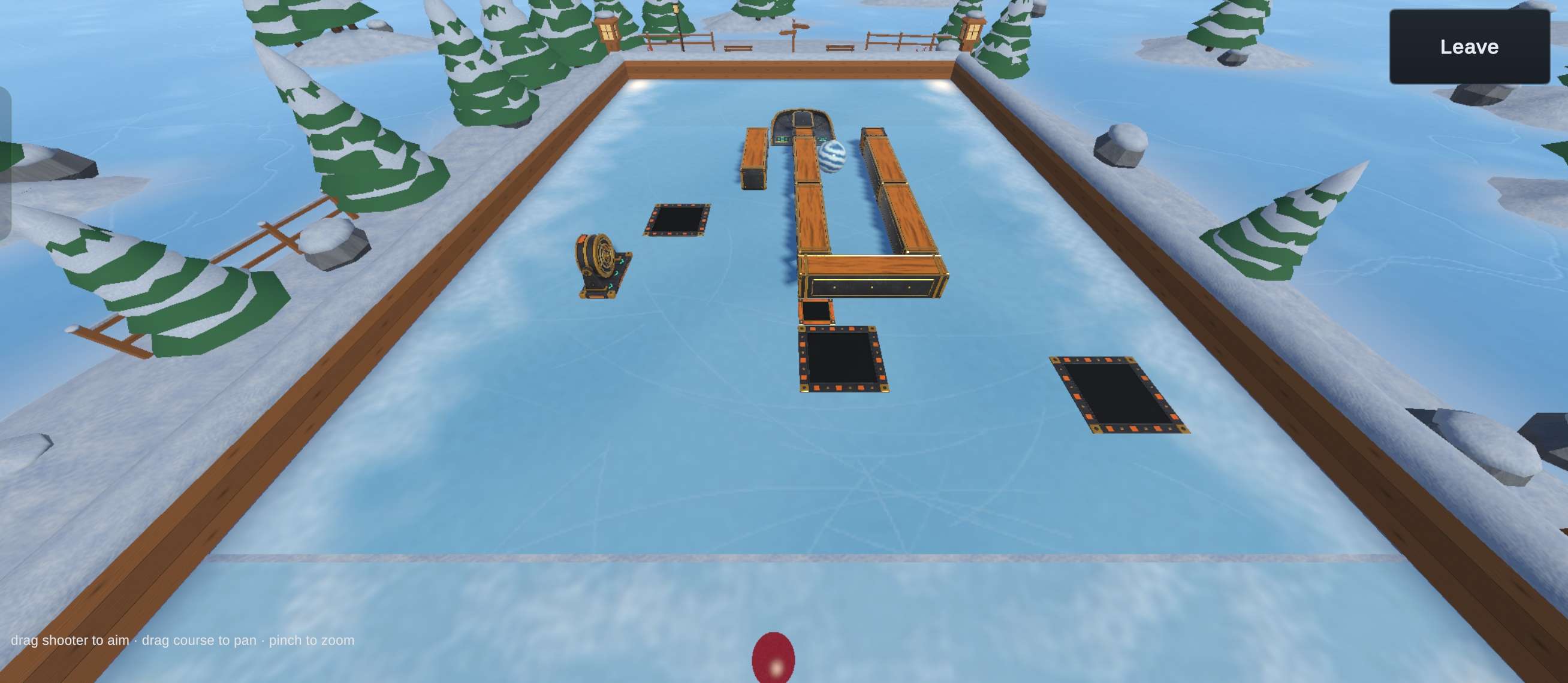 Outmarbled in-game screenshot: an alpine course on an ice rink among snowy pine trees, with the target marble between wooden walls