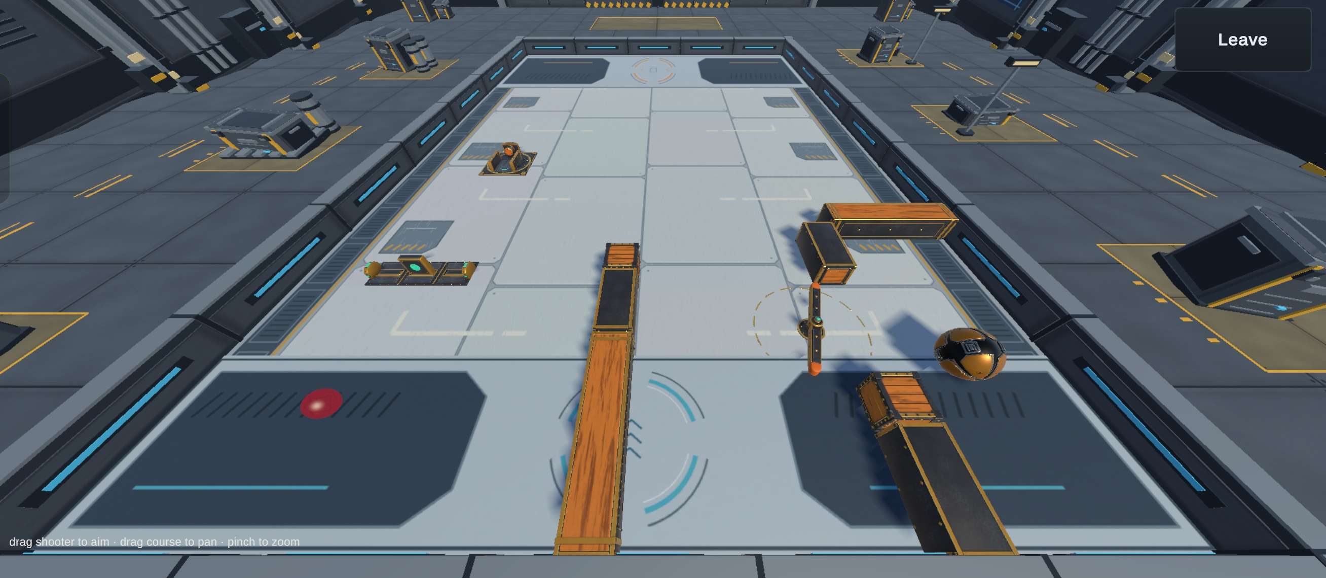 Outmarbled in-game screenshot: a sci-fi course on a metal hangar deck, with a paddle obstacle beside the target marble
